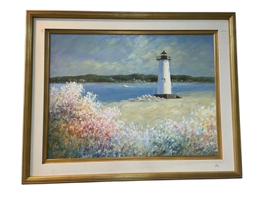 LARGE LIGHTHOUSE SEASCAPE OIL PAINTING 58"