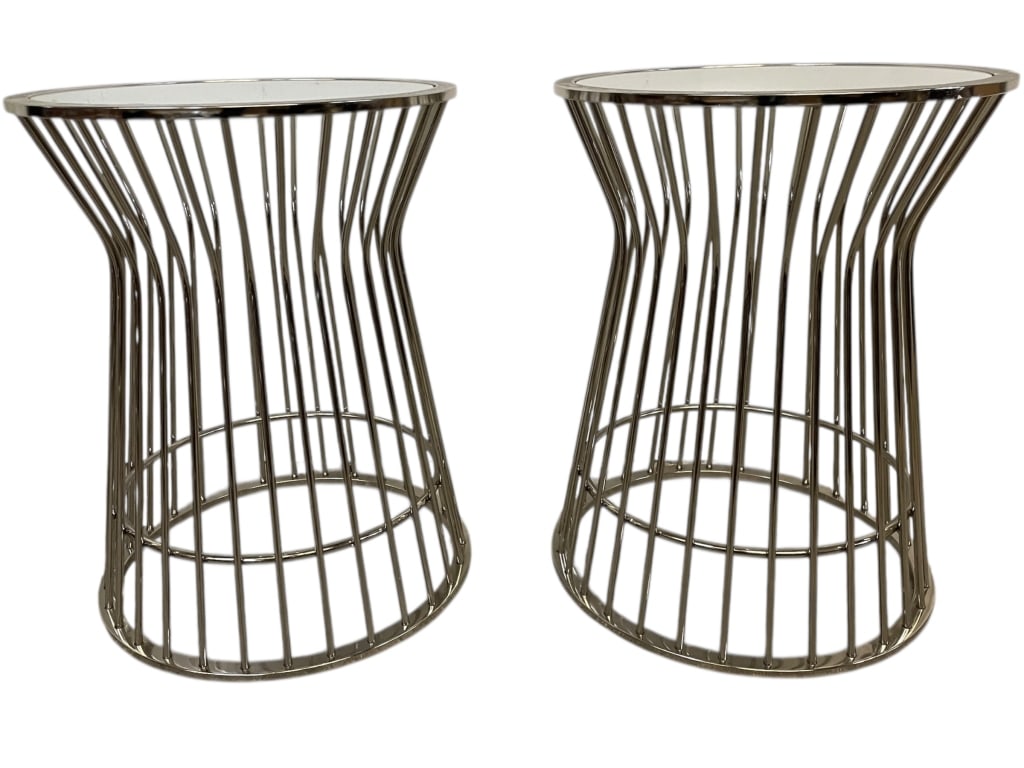 KNOLL-STYLE MODERN METAL & GLASS SIDE TABLES: KNOLL-STYLE MODERN METAL & GLASS SIDE TABLES – PAIR -Sleek and sculptural pair of Knoll-style modern side tables featuring elegant openwork metal bases with softly curved vertical rods forming an ar