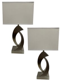 PAIR OF MODERN TABLE LAMPS WITH CURVED METAL BASES