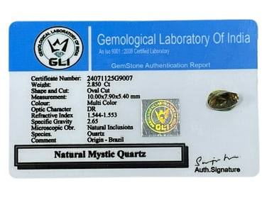 NATURAL MYSTIC QUARTZ – 2.850 CT W GLI AUTH REPORT
