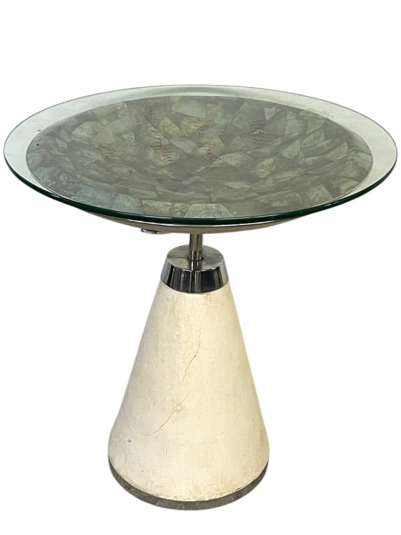 MODERN PEDESTAL SIDE TABLE W MOTHER OF PEARL 24": MODERN PEDESTAL SIDE TABLE WITH MOTHER OF PEARL AND GLASS TOP -Sculptural modern pedestal side table featuring a circular glass top set over a striking mother of pearl inlaid surface, creating a lumin