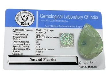NATURAL FLUORITE PEAR CUT 47.35 CT