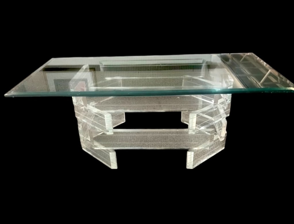 MODERN LUCITE COFFEE TABLE WITH GLASS TOP 48": MODERN LUCITE COFFEE TABLE WITH GLASS TOP -Sleek and contemporary coffee table featuring a clear lucite base with a sculptural, stacked geometric design that creates visual interest while maintaining