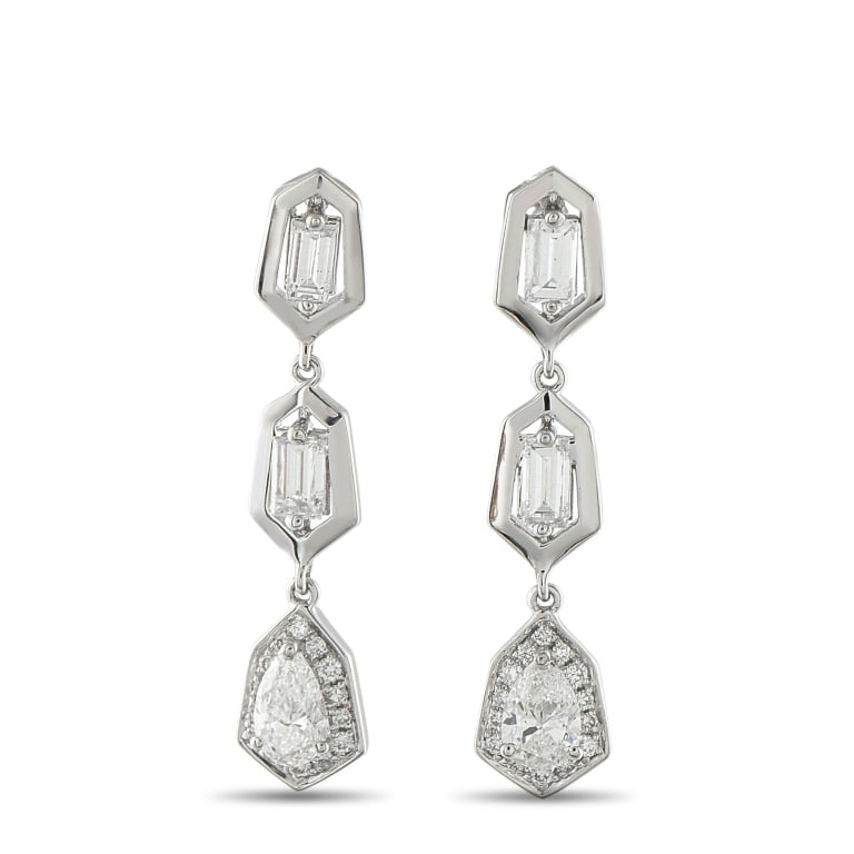 18K GOLD 1.70CT DIAMOND EARRINGS: Here is a pair of statement earrings that feel as refined as they are bold. They're crafted in 18K white gold and feature trios of geometric frames with rounded corners, each detailed with diamonds.