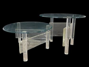 PAIR OF MID MOD GLASS & LUCITE NESTING TABLES