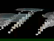 PAIR OF MID MOD GLASS & LUCITE NESTING TABLES: PAIR OF MID MOD GLASS & LUCITE NESTING TABLES-Good pre owned condition, glass needs to be cleaned-Tall approx 21"h, Small approx 16"h, approx 28" dia. for both-This contemporary pair of occasional