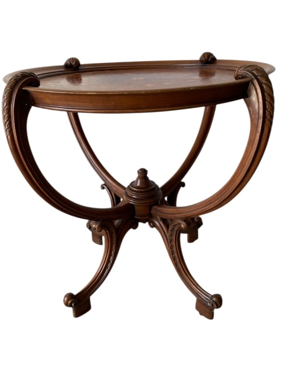 ROUND TRADITIONAL INLAID MAHOGANY OCCASIONAL TABLE: ROUND TRADITIONAL MAHOGANY OCCASIONAL TABLE WITH CURVED SUPPORTS 29" X 29"-Round traditional mahogany occasional table featuring a circular top supported by elegantly curved intersecting supports