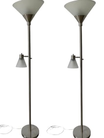 PAIR MODERN BRUSHED NICKEL TORCHIERE FLOOR LAMPS 71"