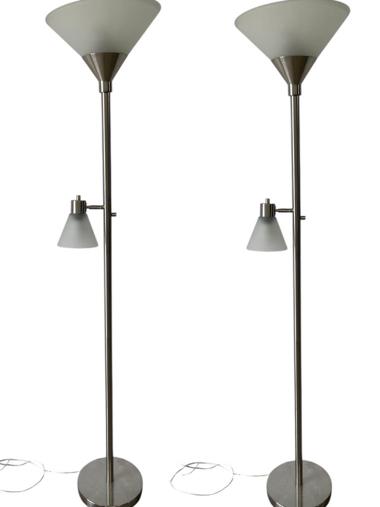 PAIR MODERN BRUSHED NICKEL TORCHIERE FLOOR LAMPS 71": PAIR OF MODERN BRUSHED NICKEL TORCHIERE FLOOR LAMPS WITH READING LIGHTSThis matching pair of modern torchiere floor lamps features sleek brushed nickel finishes with frosted glass uplight shades and