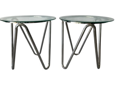 PAIR OF MODERN CHROME & GLASS SIDE TABLES