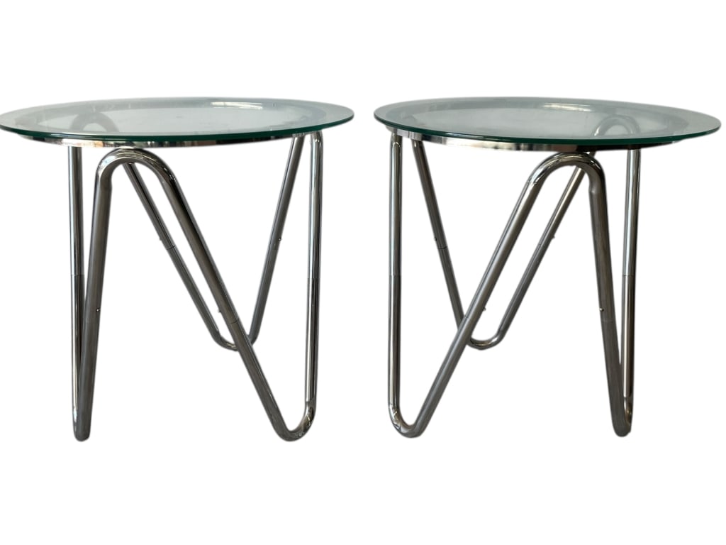 PAIR OF MODERN CHROME & GLASS SIDE TABLES (1 of 8)