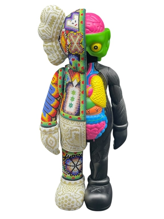 CHROMA HUICHOL BEADED DISSECTED MAN 14": CHROMA HUICHOL BEADED DISSECTED MAN ART FIGURE -Bold and visually arresting contemporary art figure by Chroma, featuring a dramatic dissected human form paired with intricate Huichol-style beadwork. O
