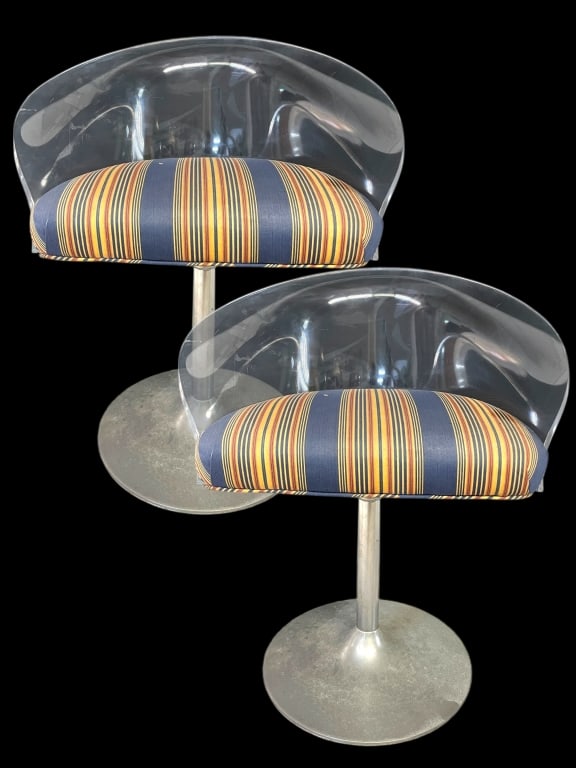 PAIR OF MID MOD LUCITE & METAL BASE SWIVEL CHAIRS: PAIR OF MID-CENTURY MODERN LUCITE & METAL BASE SWIVEL CHAIRS-A striking pair of Mid-Century Modern swivel chairs featuring sculptural clear Lucite backs on sturdy brushed metal pedestal bases, each