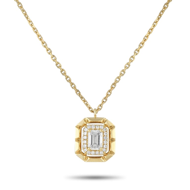 18K GOLD AND DIAMOND NECKLACE: This Odelia necklace radiates light. A 0.50 carat Diamond makes a statement at the center of the exquisite pendant. Additional inset Diamonds totaling 0.12 carats further elevate the design. Set in