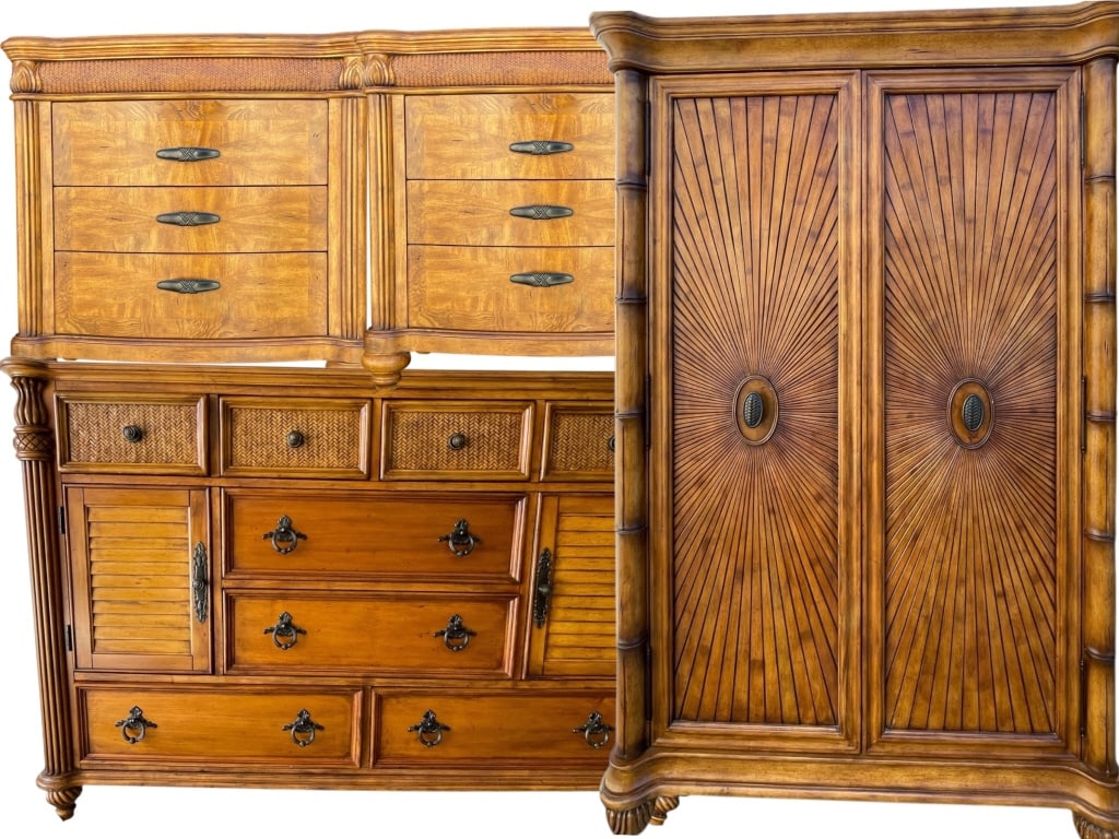 MATCHING TOMMY BAHAMA STYLE BEDROOM SET: MATCHING TOMMY BAHAMA STYLE BEDROOM SET by ENDURA— NIGHTSTANDS, DRESSER & ARMOIRE (ONE LOT) -Coordinated tropical-inspired bedroom furniture group offered as one lot, featuring warm honey-toned wood