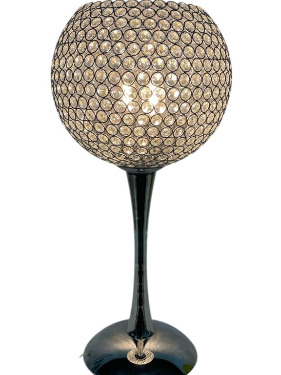 CRYSTAL BEADED GLOBE CHROME TABLE LAMP 24": CRYSTAL BEADED GLOBE TABLE LAMP WITH CHROME FINISH -Contemporary table lamp featuring a spherical globe shade constructed of faceted crystal beads set within a metal lattice, creating dramatic light r