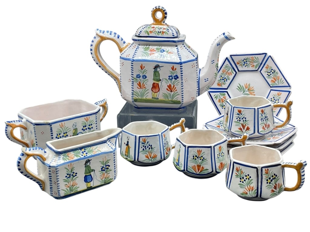 11 PC FRENCH QUIMPER STYLE HAND-PAINTED TEA SET (1 of 13)