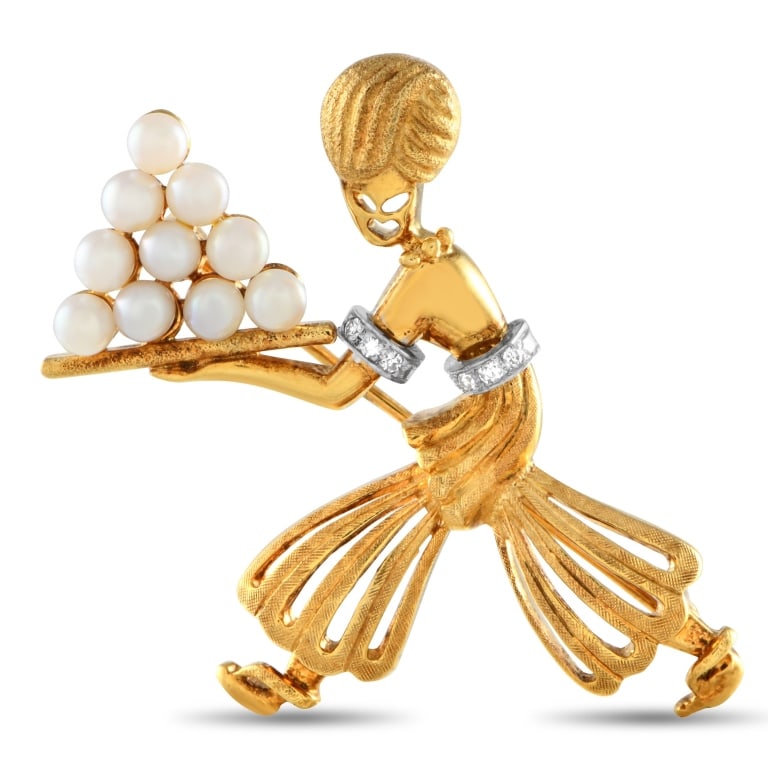 18K GOLD PEARL GENIE BROOCH: Never underestimate the power of a brooch. This Genie Brooch is ready to make your style dreams come true. It features a yellow-gold sculpture of a wish-granting mythical beingdetailed with his iconic