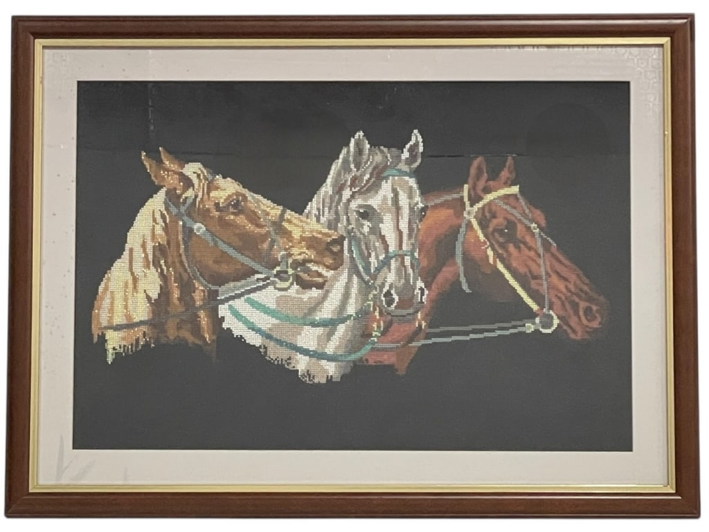 FRAMED BEADED NEEDLEPOINT ART DEPICTING HORSES 35": FRAMED BEADED NEEDLEPOINT ART DEPICTING HORSES -25" X 35" APPROX -Exceptional framed beaded needlepoint artwork depicting three horses rendered with remarkable detail and dimensional sparkle. The use
