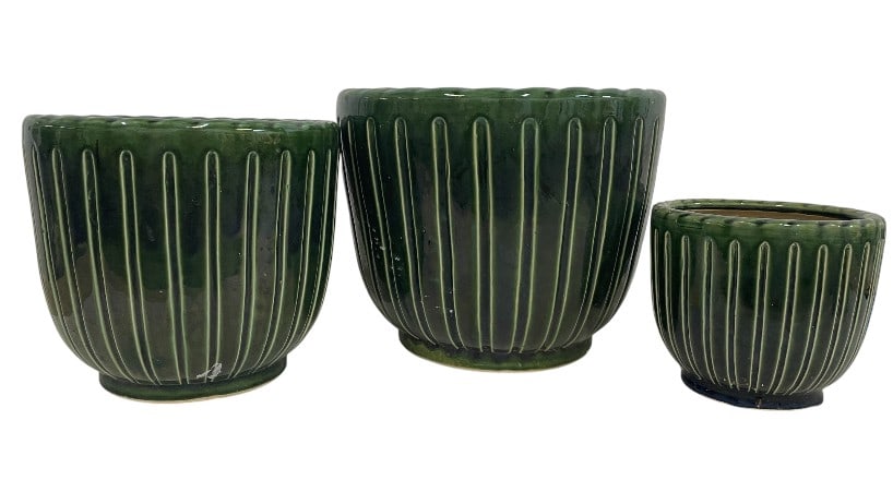 THREE GREEN GLAZED RIBBED POTTERY PLANTERS 13.5": SET OF THREE GREEN GLAZED RIBBED POTTERY PLANTERS -Very good pre owned condition -Tallest approx 11"h x 13.5"w, Middle approx 9.5"h x 10.5"w, Smallest approx 7"h x 7.5"w -Stylish set of three glazed c