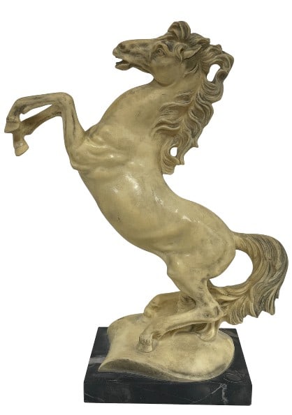 A. SANTINI REARING HORSE SCULPTURE MADE IN ITALY: VINTAGE A. SANTINI REARING HORSE SCULPTURE MADE IN ITALY -Very good pre owned condition -Approx 11"h x 4"w x 7"d -Impressive figural sculpture depicting a rearing horse, captured mid-motion with dynam