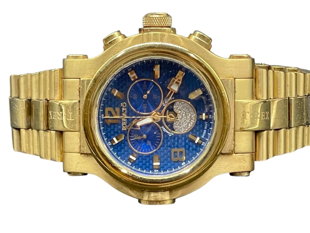 RENATO T-REX LIMITED EDITION CHRONOGRAPH WATCH: RENATO T-REX LIMITED EDITION CHRONOGRAPH WATCH -Bold and substantial oversized Invicta T-Rex Limited Edition chronograph wristwatch, featuring a heavy gold-tone stainless steel case and bracelet with