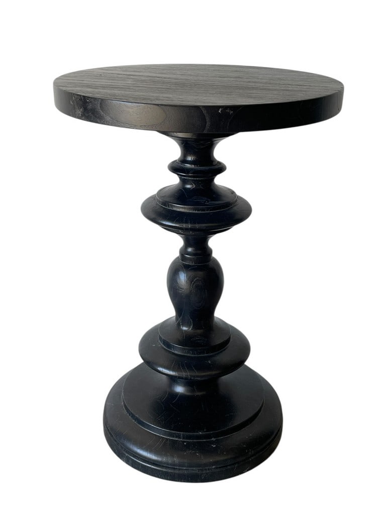 BLACK TURNED PEDESTAL ACCENT TABLE: BLACK TURNED PEDESTAL ACCENT TABLE 23" X 16" D APPROX -Elegant pedestal accent table with a turned central column and circular top finished in deep black. This versatile piece works