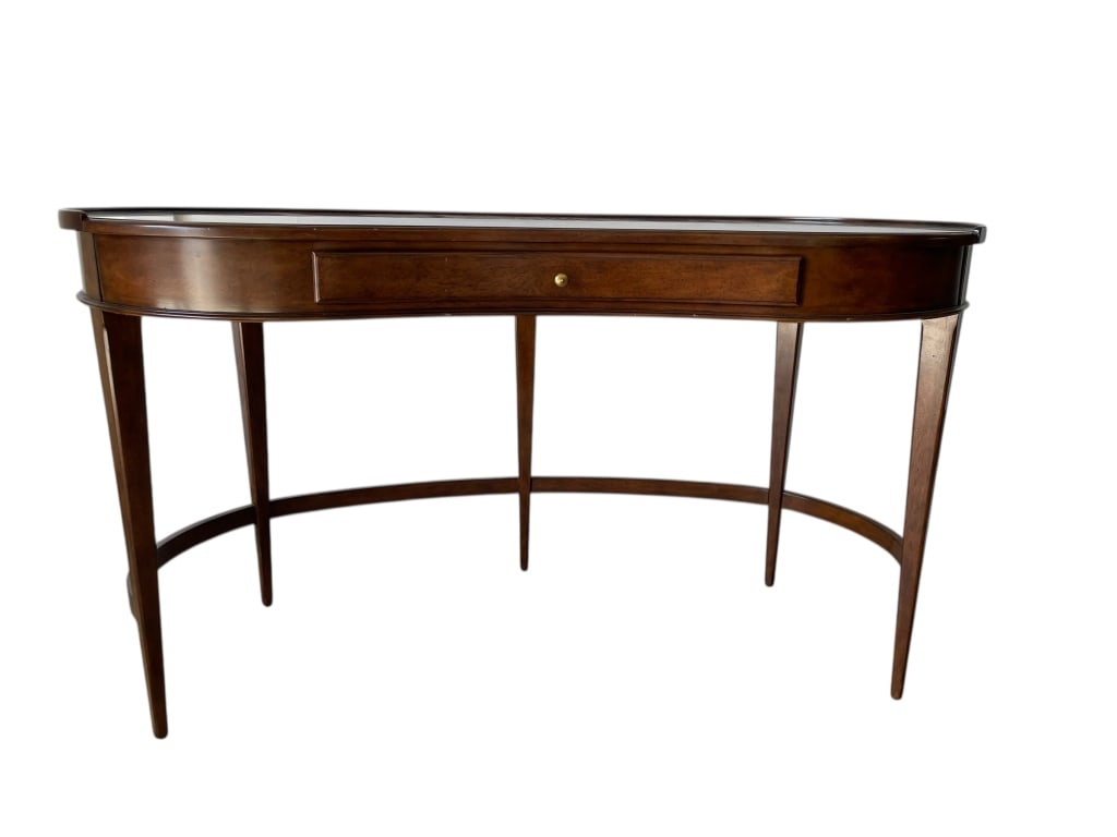 WOODBRIDGE DEMILUNE CONSOLE TABLE W DRAWER: WOODBRIDGE FURNITURE DEMILUNE CONSOLE TABLE WITH DRAWER -Elegant demilune console table by Woodbridge Furniture, crafted in richly finished wood with slender tapered legs, a gently curved apron, and a