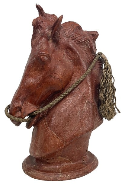 LEATHER-WRAPPED HORSE HEAD SCULPTURE 26": DECORATIVE LEATHER-WRAPPED HORSE HEAD SCULPTURE-Very good pre owned condition-Approx 26"h x 9"w x 16"d-Striking decorative horse head sculpture crafted with a richly textured leather-wrapped surface
