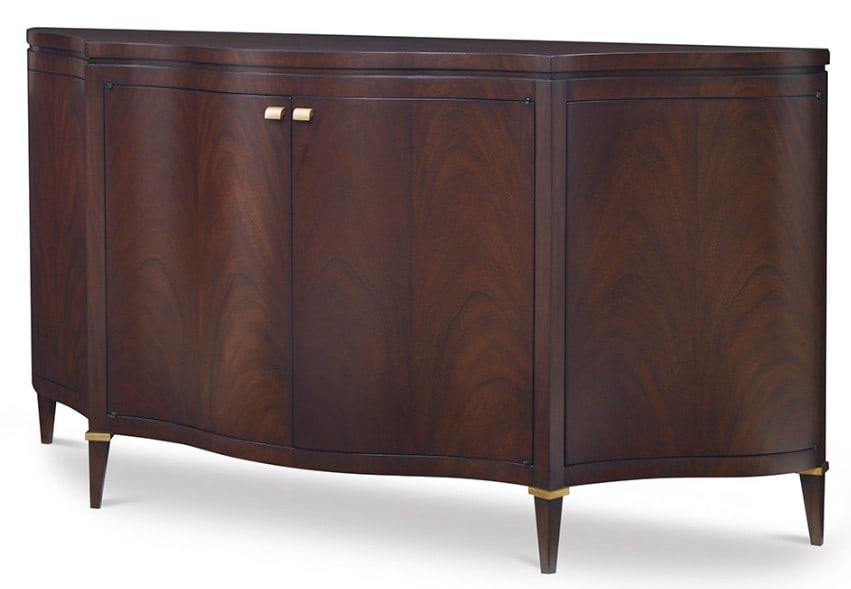 AMBELLA HOME COLLECTION CURVED WOOD SIDEBOARD: AMBELLA HOME COLLECTION CURVED WOOD SIDEBOARD / CREDENZA-This elegant Ambella Home Collection sideboard features a gracefully bowed front, rich dark wood finish, and refined brass-tone hardware,