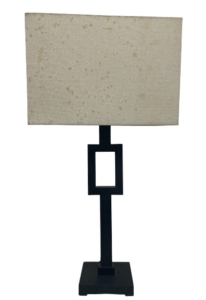 CONTEMPORARY TABLE LAMP W GEOMETRIC METAL BASE 31": CONTEMPORARY TABLE LAMP WITH GEOMETRIC METAL BASE 31"-Good pre owned condition, untested, spots on shade (see photos)-Approx 31"h x 17"w (shade)-Sleek contemporary table lamp featuring a bold