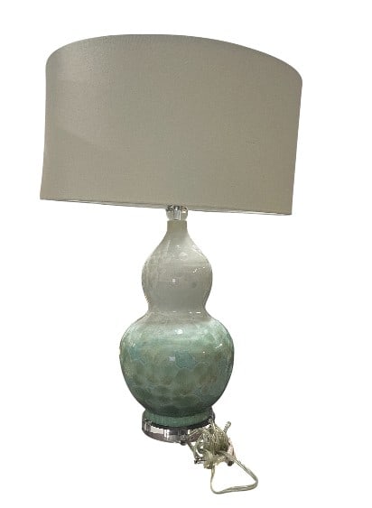 ART GLASS DOUBLE-GOURD TABLE LAMP 30": ART GLASS DOUBLE-GOURD TABLE LAMP 30" -Very good pre owned condition, untested -Approx 30"h x 9"w -Elegant art glass table lamp featuring a distinctive double-gourd form, rendered in softly graduated
