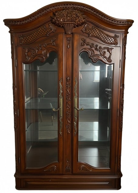 ORNATE CARVED WOOD CURIO CABINET W GLASS DOORS (1 of 8)