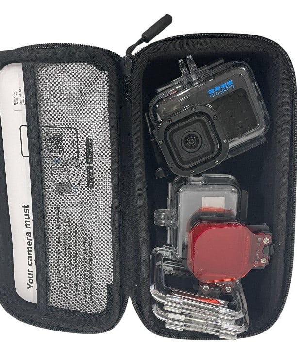 GOPRO ACTION CAMERA SET W ACCESSORIES & CASE: GOPRO ACTION CAMERA SET WITH UNDERWATER FILTER AND ACCESSORIES BLACK 11 BLACK 7 -Good pre owned condition, untested (see photos) -Versatile GoPro action camera set including two GoPro cameras housed i