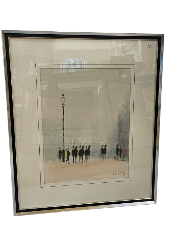 KLITZ CHANGING OF THE GUARDS LONDON ARTWORK CITY: - FRAME MEASURES 23" WIDE X 27" TALL - beautiful artwork by cityscape artist Anthony Klitz- London scene of changing of the guardsmsn- 11" TALL - Adorable and newly created- A few little spots of