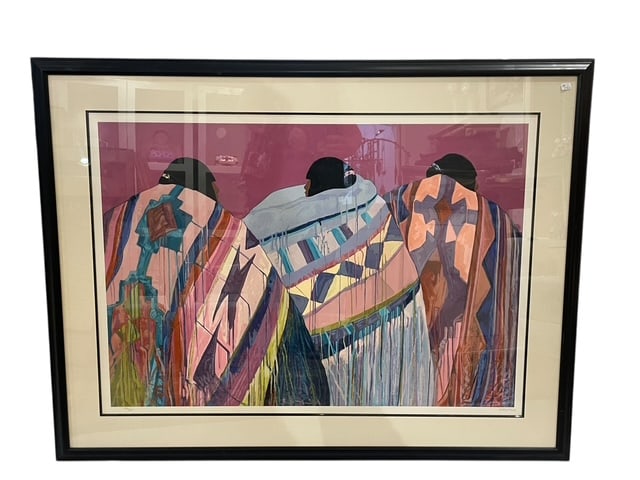 DOLONA ROBERTS CHEROKEE ART LTD ED PLAZA WOMEN FRM: - Limited Edition print of "Plaza Women" - By Dolona Roberts - famed Cherokee Artist - 29" tall x 36" wide - nice sized matted and framed - great condition msn- 11" TALL - Adorable and newly created-