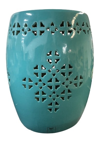 PIER 1 TURQUOISE GLAZED CERAMIC GARDEN STOOL 18": PIER 1 TURQUOISE GLAZED CERAMIC GARDEN STOOL 18"-Very good pre owned condition-Approx 18"h x 12"w-Vibrant Pier 1 glazed ceramic garden stool or accent table finished in a rich turquoise blue,