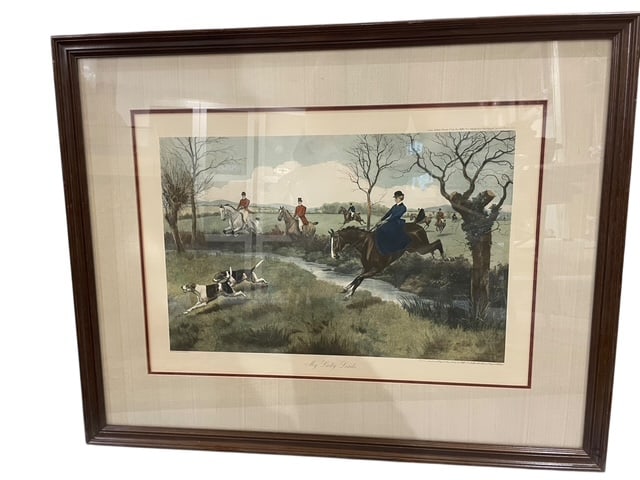 "MY LADY LEADS" LITHOGRAPH ROWLANDSON HUNTING ART: - TITLED "My Lady Leads" after Rowlandson original artist - Lithograph copies made by Louis Wolff & Co - some aging to the frame, art is in good condition - Measures 30" x 36" in size - see all pictur