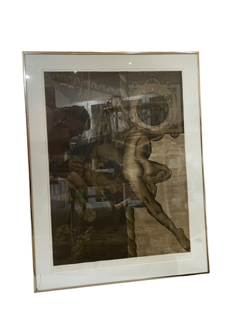 FREEDENFELD SIGNED PROOF PRINT "FLYING HORSES" GP: - ARTIST Robin Freedenfeld - Pencil signed and titled by artist - Artist proof print - framed - feauturing a masculine rear end of a carnival carousel horse - beautiful detail and features - measures