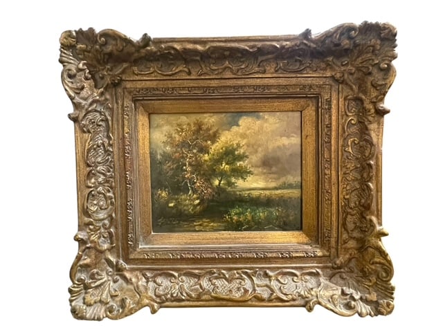 STEPANO SIGNED NATURE LANDSCAPE HIGHWAY MEN STYLE: - IN the style of Highway Men - Signed Stepano - original oil on canvas with ornate bold frame - antique in age - good condition - measures 18" x 16" in size including frame msn By bidding on this lis