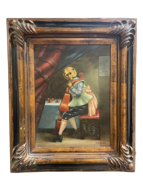 Y BLANDA SIGNED SINGERIE SATIRICAL MONKEY ART ANTQ: - SIGNED BY ARTIST Y BLANDA - Satiriical art of monkey dressed in human clothing - playing the cello - Palm Beach Regency style - Original Oil Painting - Very old wood framework msn By bidding on this