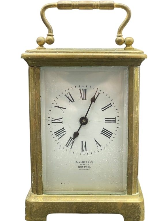 BRASS CARRIAGE CLOCK BY A.J. BIDDLE, BRISTOL 6" (1 of 7)