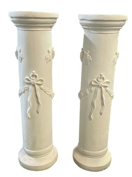 PAIR OF CLASSICAL STYLE PEDESTAL COLUMNS 36": PAIR OF DECORATIVE CLASSICAL STYLE PEDESTAL COLUMNS -Very good pre owned condition -Approx 36"h x 10"w -Attractive pair of classical-style pedestal columns finished in a soft white or cream tone, each