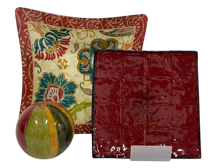 DECORATIVE HOME ACCENT GROUPING: DECORATIVE HOME ACCENT GROUPING-Very good pre owned condition-3 pieces-This coordinated assortment offers a warm, eclectic aesthetic and is ideal for adding color and visual interest to a living