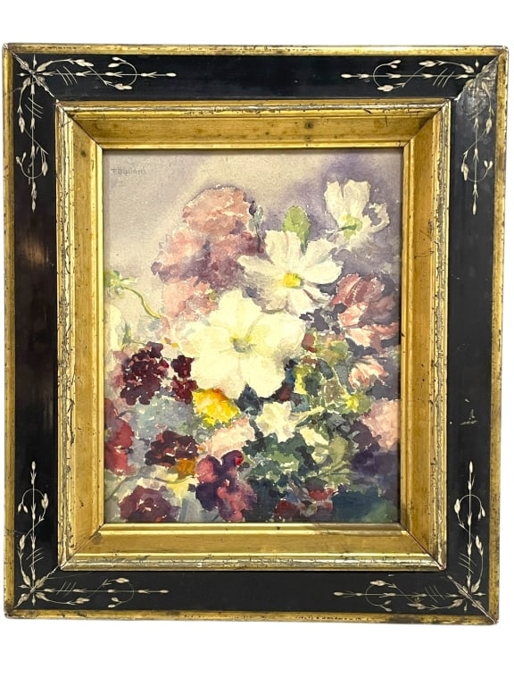 FRAMED FLORAL WATERCOLOR BY FLORENCE BULLARD 15": FRAMED FLORAL WATERCOLOR BY FLORENCE BULLARD -Charming original watercolor depicting a lush floral arrangement rendered in soft, expressive brushstrokes and muted pastel tones, signed Florence Bullard