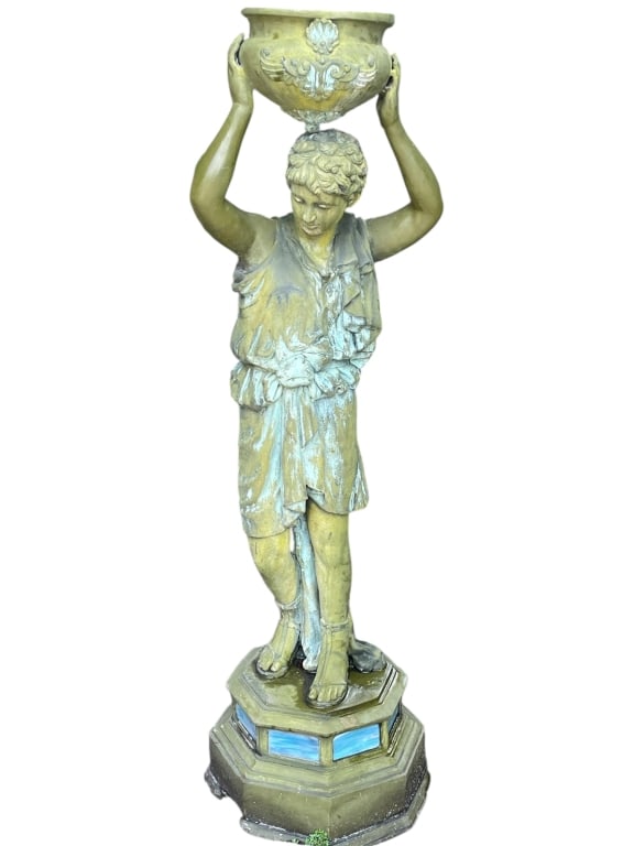 PATINATED BRONZE FIGURAL GARDEN STATUE W URN 57" (1 of 6)
