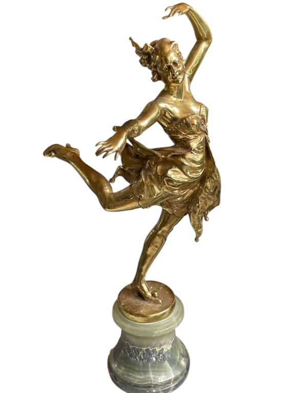 LEON SALAT BRONZE DANCER SCULPTURE ONYX PLINTH 13": LEON SALAT BRONZE DANCER SCULPTURE ON ONYX PLINTH 13" H X 8" D APPROX -Elegant Continental School bronze sculpture depicting a graceful female dancer in motion, executed with fluid lines and expressiv