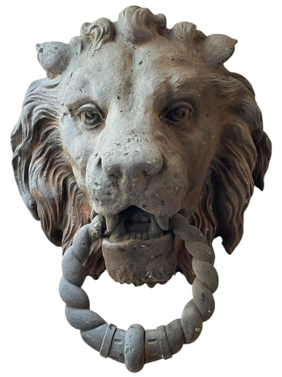 MONUMENTAL IRON LION HEAD MOORING RING THAMES 50": RARE MONUMENTAL CAST IRON LION HEAD MOORING RING – RIVER THAMES, LONDON -Exceptionally rare and monumental Victorian cast iron lion head mooring ring, reclaimed from the banks of the River Thames at
