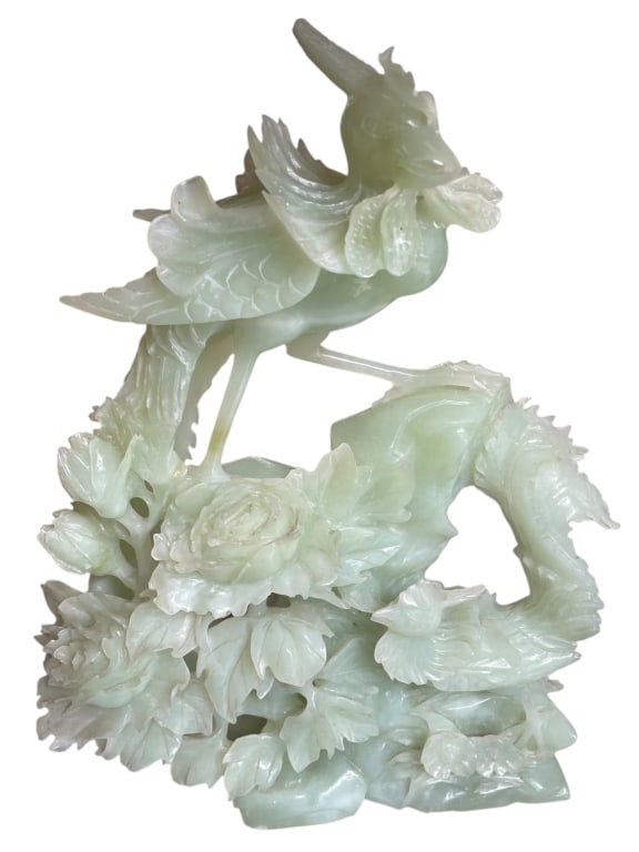 CARVED JADEITE BIRD AND FLORAL SCULPTURE 12" (1 of 2)