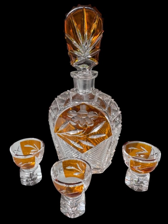 AMBER CUT GLASS DECANTER WITH CORDIAL GLASSES (1 of 3)